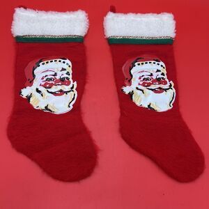 2 VTG Vinyl Face Santa Claus Christmas Stocking Red Velvet Plush Texture Pair